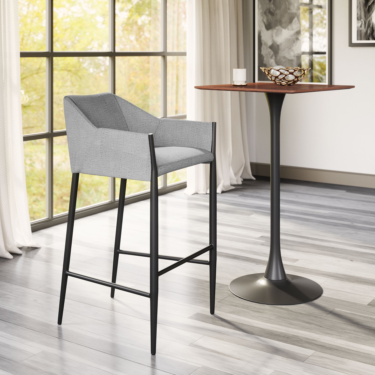 Grey Bar Stools – Counter Height with Upholstered Seat & Wooden Legs