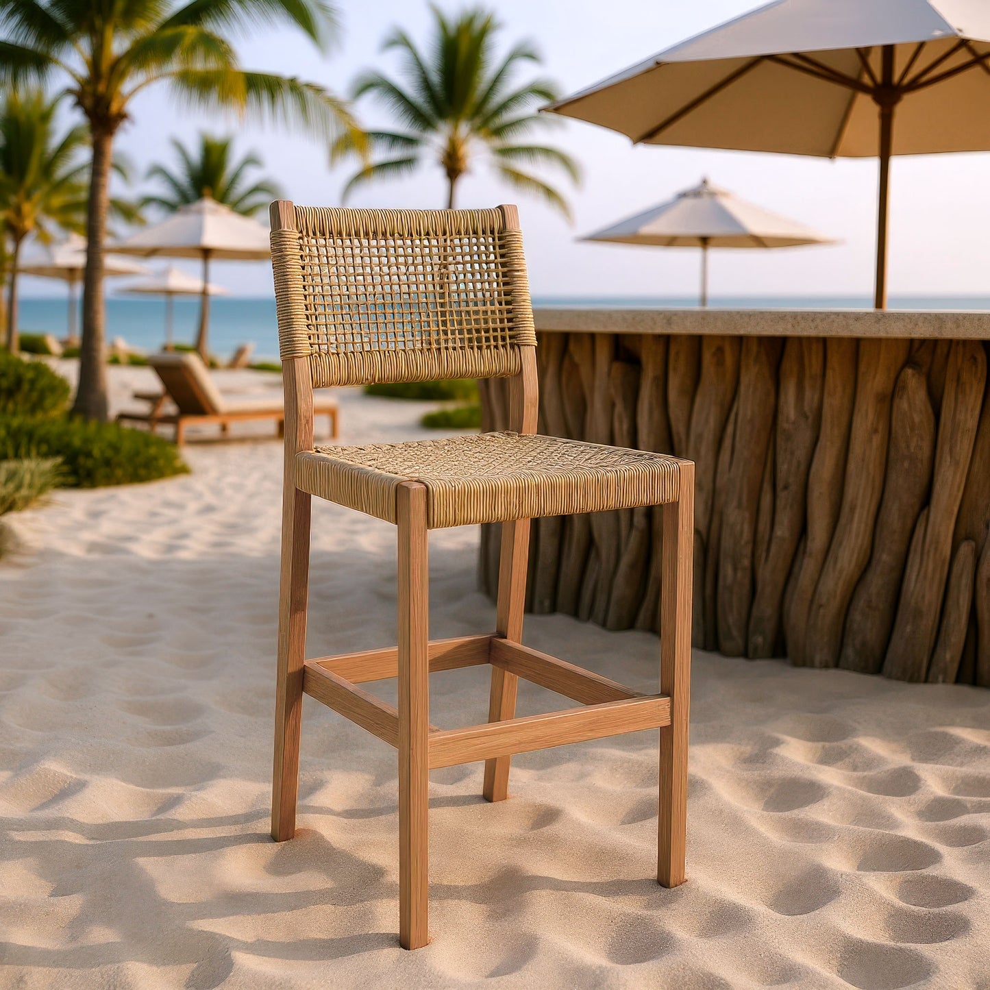 Corde Barstool in Beige with Natural Acacia Wood – Modern Counter Height Seating