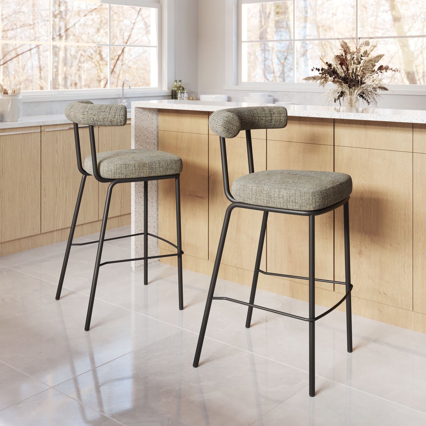 Outdoor Bar Stools – Upholstered Green Seat with Sleek Metal Base