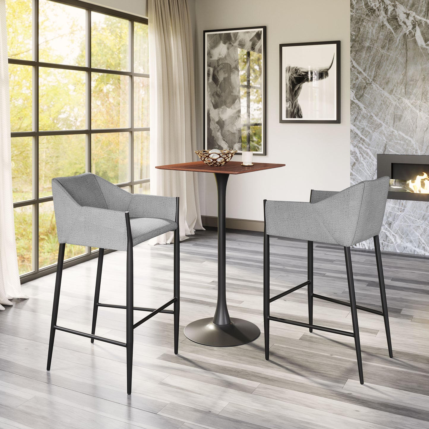 Grey Bar Stools – Counter Height with Upholstered Seat & Wooden Legs