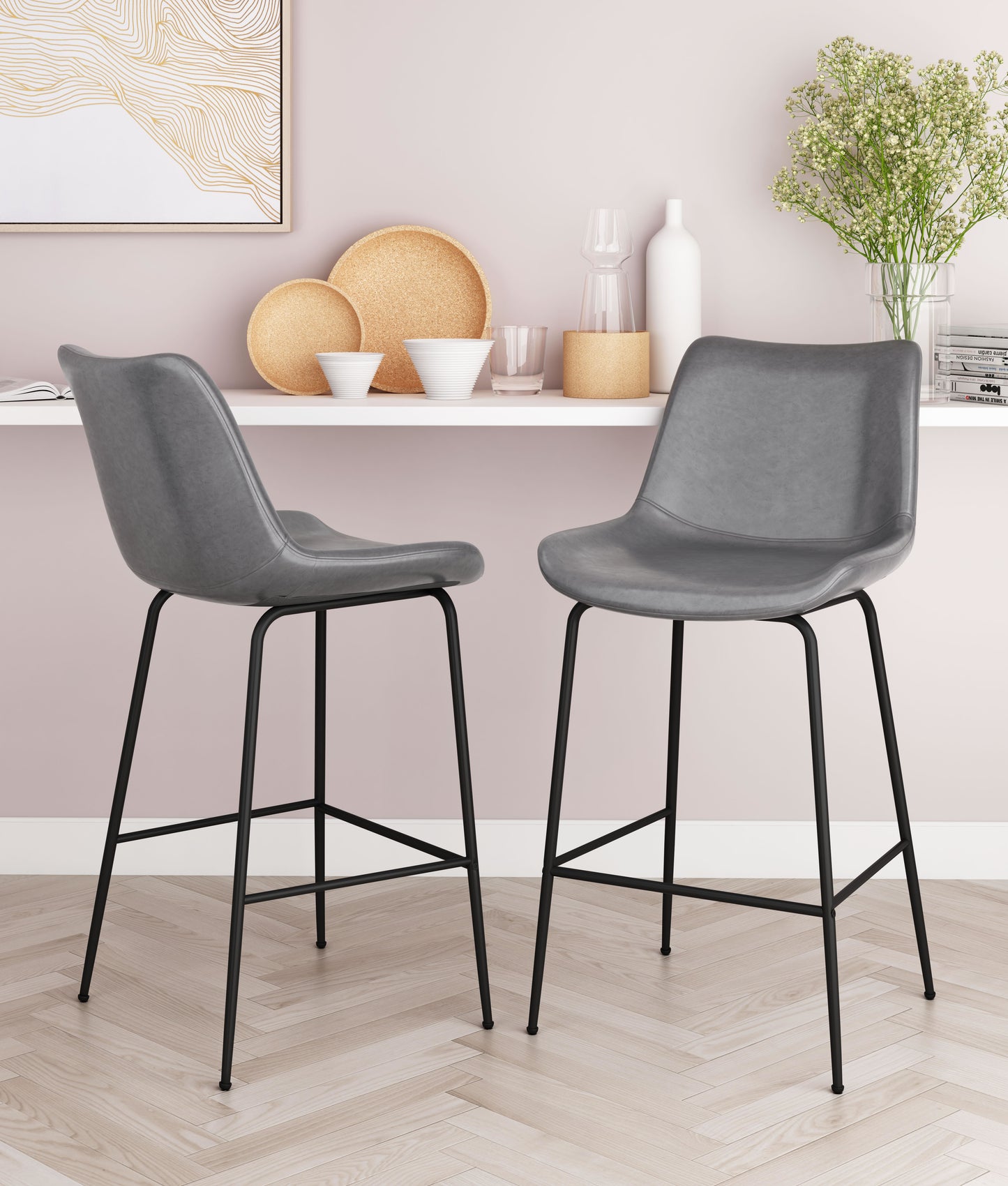 Byron Counter Stool in Gray – Modern Faux Leather Bar Chair