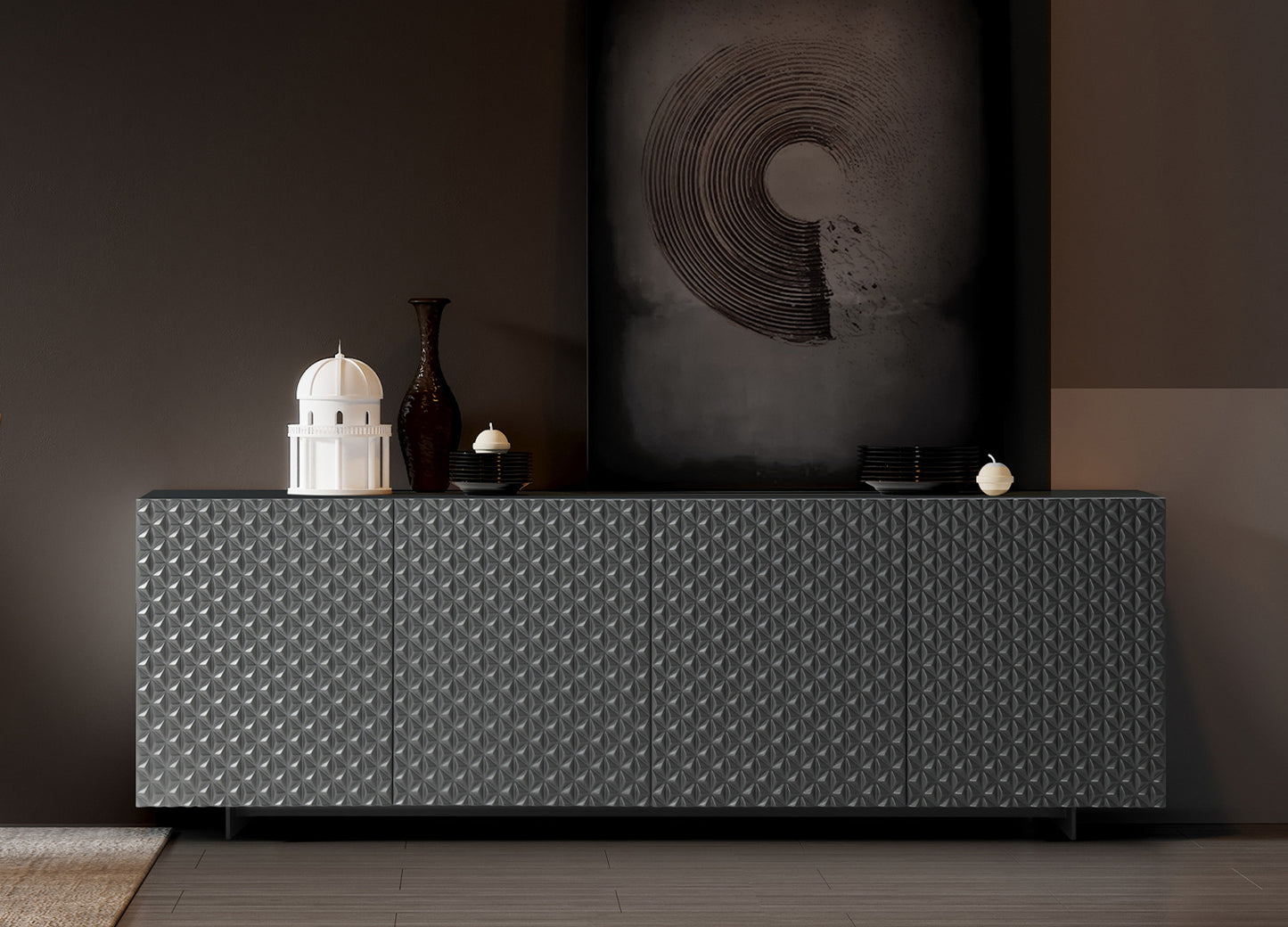 Harper 94" Buffet in Matte Dark Grey Lacquer & Black Powder Coated Metal by Whiteline Modern Living