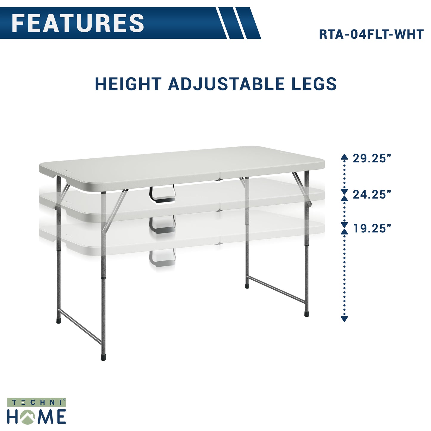 Techni Home 4 ft Adjustable Height Granite White Folding Table with Easy-Carry Handle RTA-04FLT-WHT