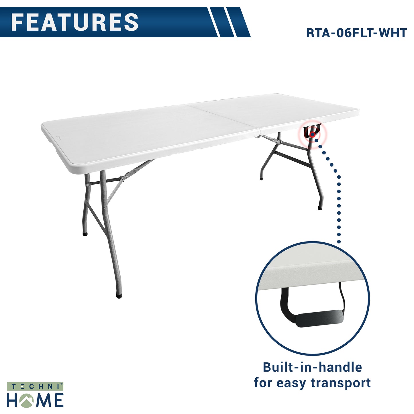 Techni Home 6 ft Granite White Folding Table with Easy-Carry Handle RTA-06FLT-WHT