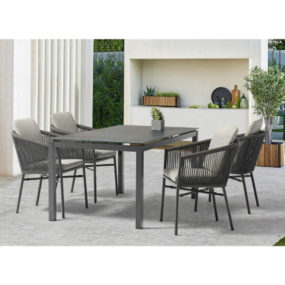 Lynn Outdoor Dining Arm Chair in Aluminum, Dark Grey Straps & Light Grey Fabric (Set of 4) by Whiteline Modern Living