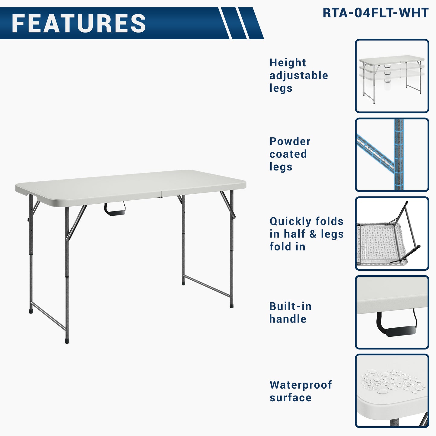 Techni Home 4 ft Adjustable Height Granite White Folding Table with Easy-Carry Handle RTA-04FLT-WHT