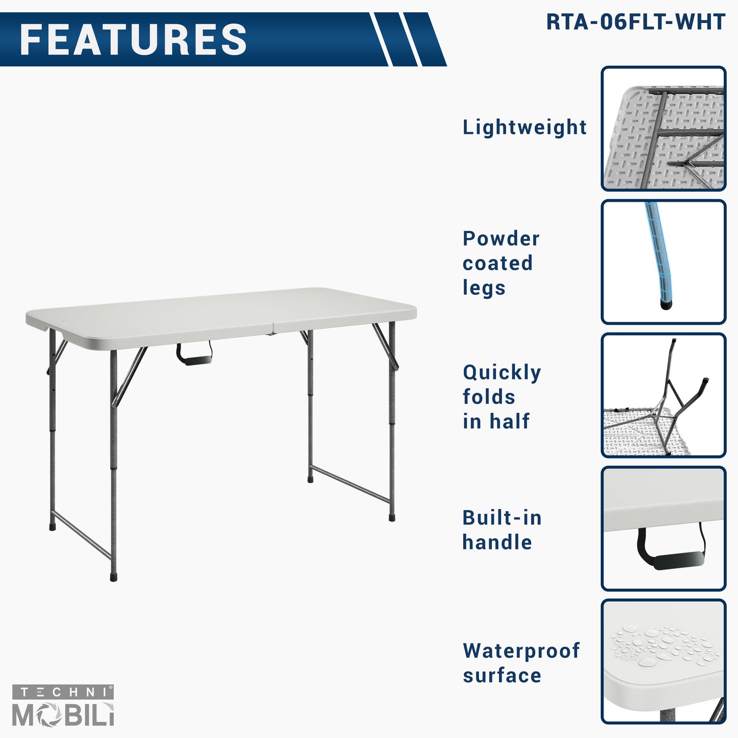 Techni Home 6 ft Granite White Folding Table with Easy-Carry Handle RTA-06FLT-WHT