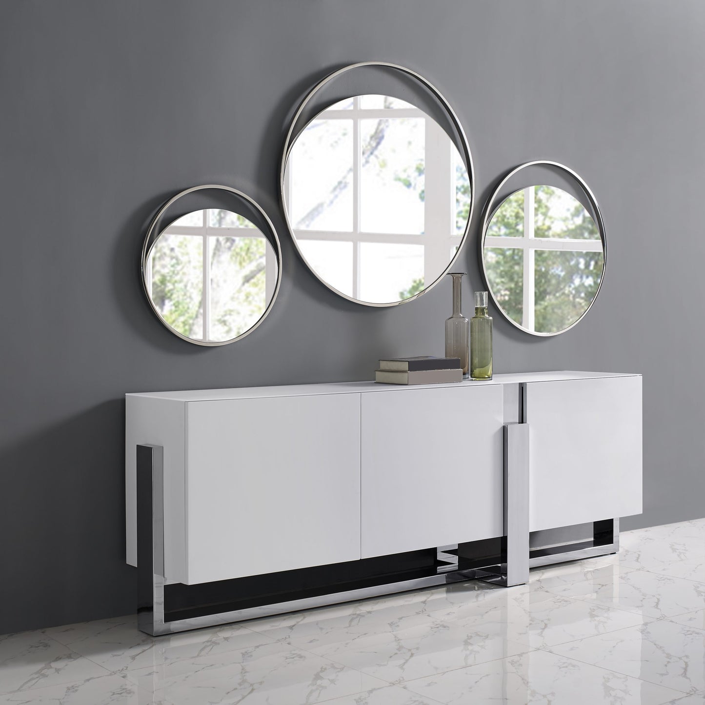 Blake Buffet in White w/ Crystal Frosted Glass Top on Polished Stainless by Whiteline Modern Living