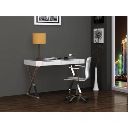 Elm 47" 2 Drawer Desk in High Gloss White on Stainless Steel Base by Whiteline Modern Living