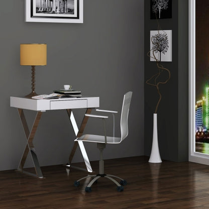 Elm Small Desk in High Gloss White & Stainless Steel by Whiteline Modern Living