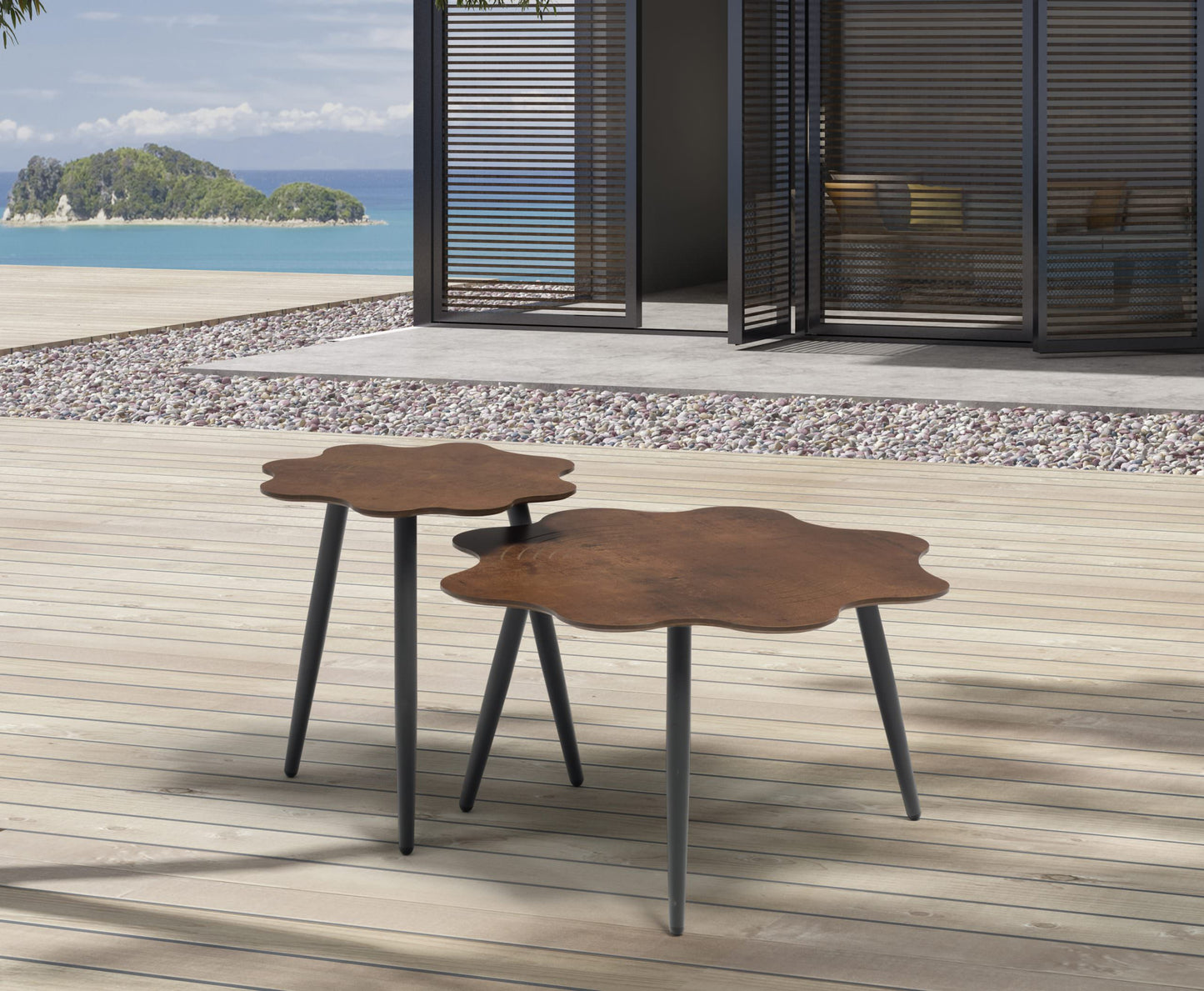 Flora 28" Outdoor Flower Shape Side Table Walnut Finish Laminate & Black by Whiteline Modern Living