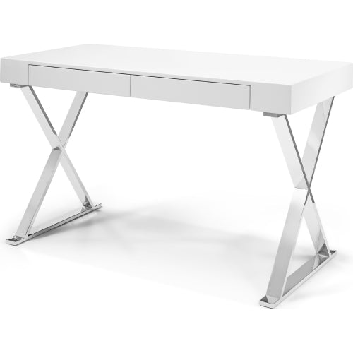 Elm 47" 2 Drawer Desk in High Gloss White on Stainless Steel Base by Whiteline Modern Living