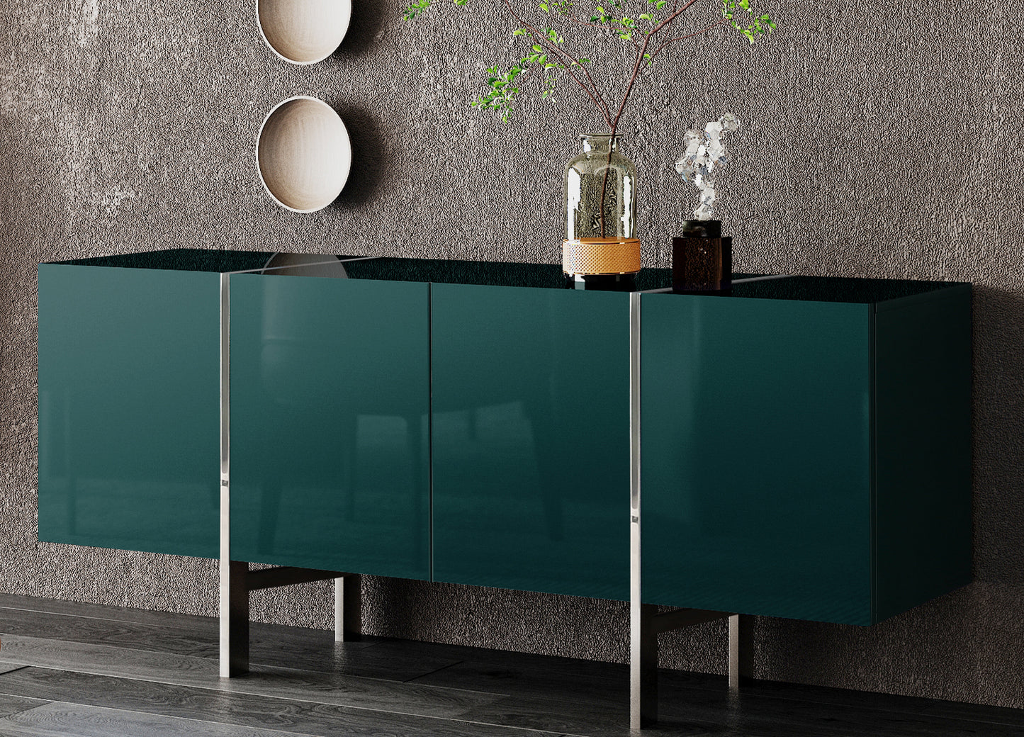 Struttura Buffet in High Gloss Dark Green & Polished Stainless Steel by Whiteline Modern Living