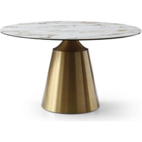 Charlotte 53" Round Dining Table in Glass, White Ceramic & Gold Stainless Steel by Whiteline Modern Living