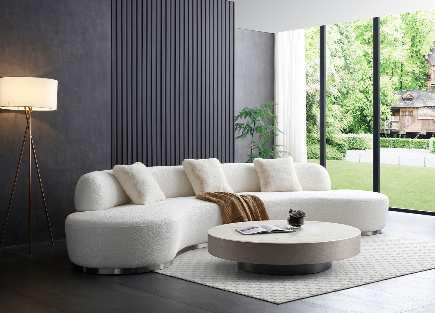 Perla Curved Sofa in White Boucle Fabric & Silver Stainless Steel by Whiteline Modern Living