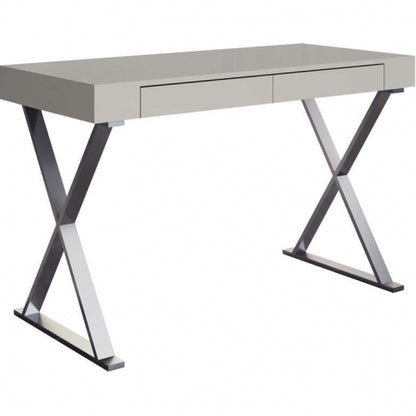 Elm 47" Desk in High Gloss Light Grey & Stainless Steel by Whiteline Modern Living