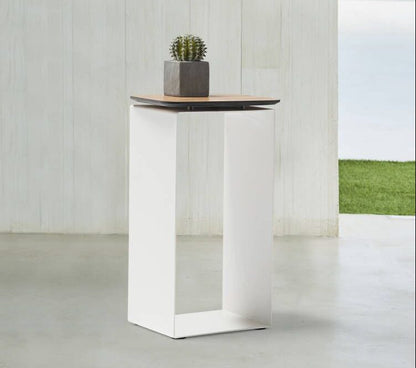 Petunia Outdoor Side Table in White Powder Coated Metal & Walnut by Whiteline Modern Living