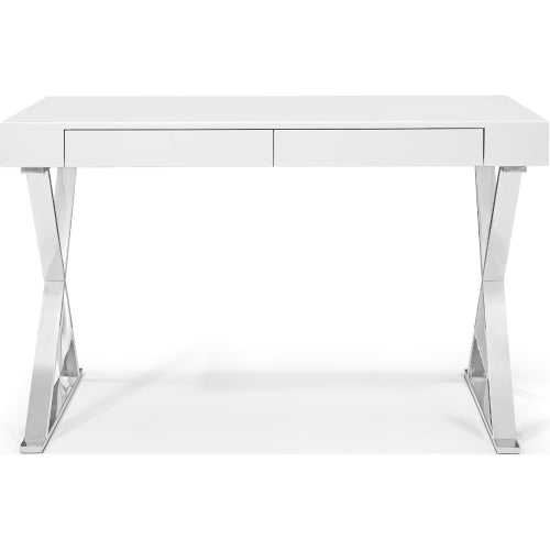 Elm 47" 2 Drawer Desk in High Gloss White on Stainless Steel Base by Whiteline Modern Living