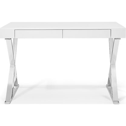 Elm 47" 2 Drawer Desk in High Gloss White on Stainless Steel Base by Whiteline Modern Living