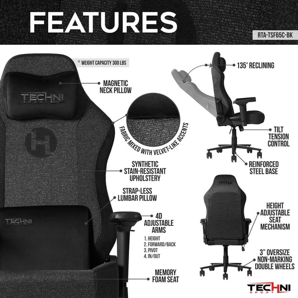 Techni Sport TSF65C Fabric Gaming Chair, Black