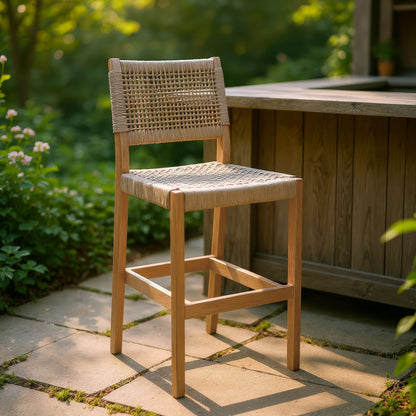 Corde Barstool in Beige with Natural Acacia Wood – Modern Counter Height Seating