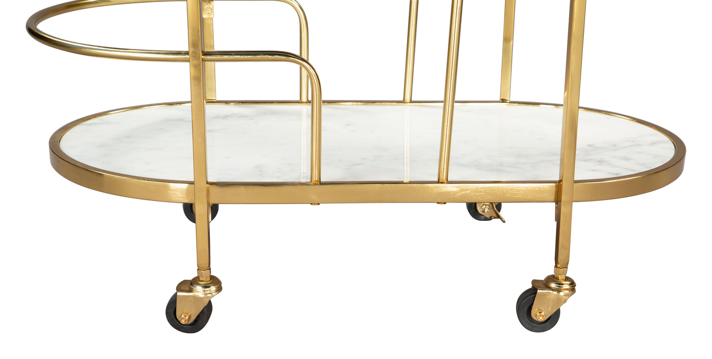 Antalya Modern Bar Cart with Wood, Marble, and Gold Accents
