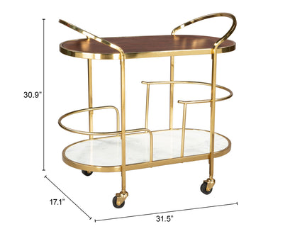 Antalya Modern Bar Cart with Wood, Marble, and Gold Accents