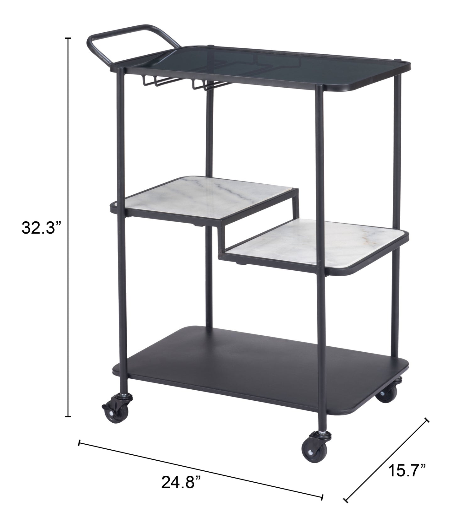 Constanza Black Bar Cart with Glass Shelves and Marble Accents