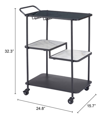 Constanza Black Bar Cart with Glass Shelves and Marble Accents