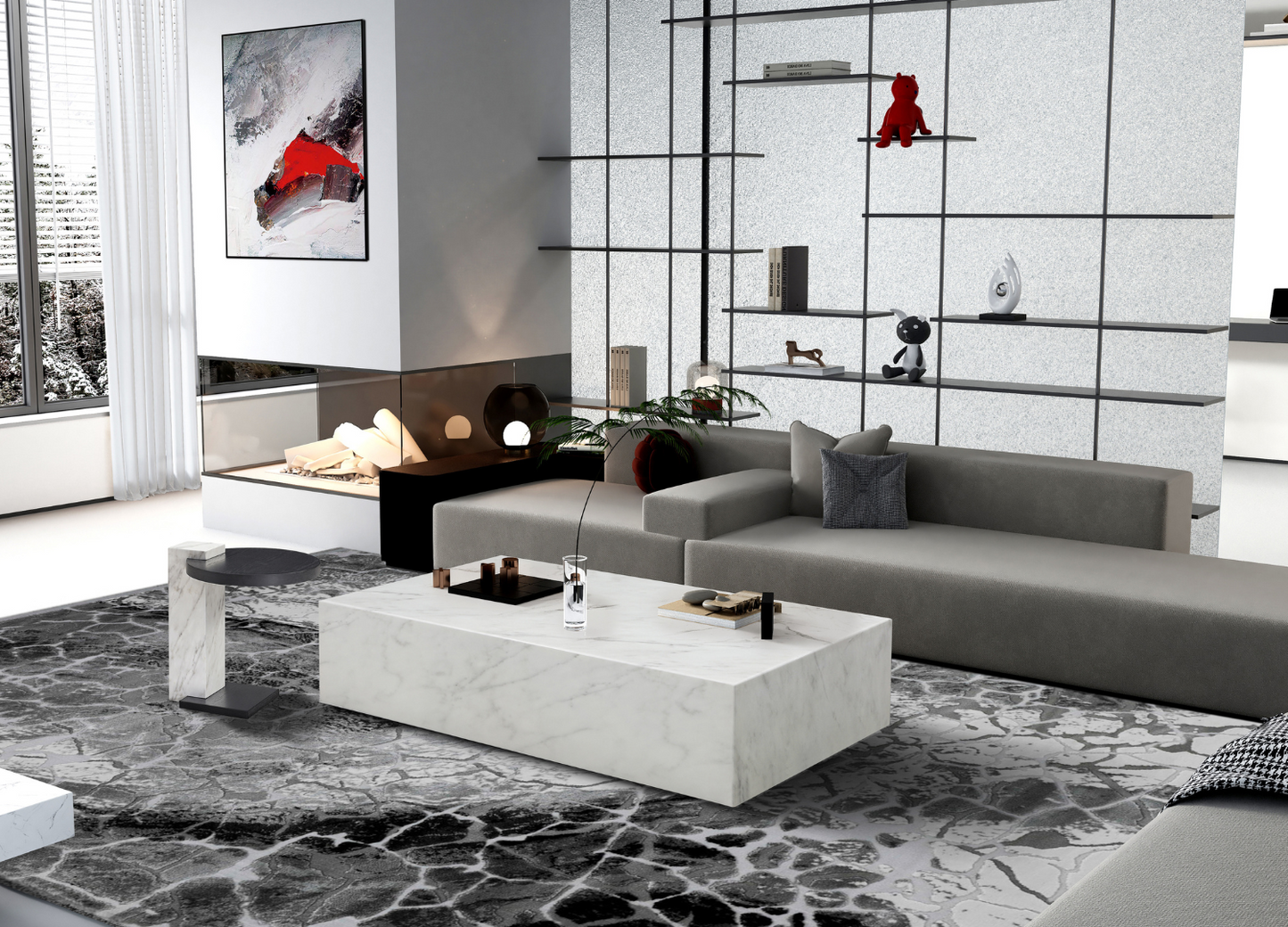 Cube Square Coffee Table w/ Casters in High Gloss White Marble by Whiteline Modern Living