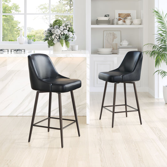 Keppel Swivel Counter Stool in Black Faux Leather with Bronze Legs – Modern Counter Height Seating