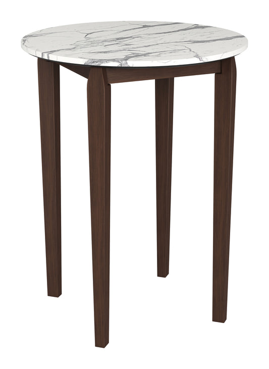 Vernon White Marble-Look Bar Table with Walnut Wood Base – Modern High-Top