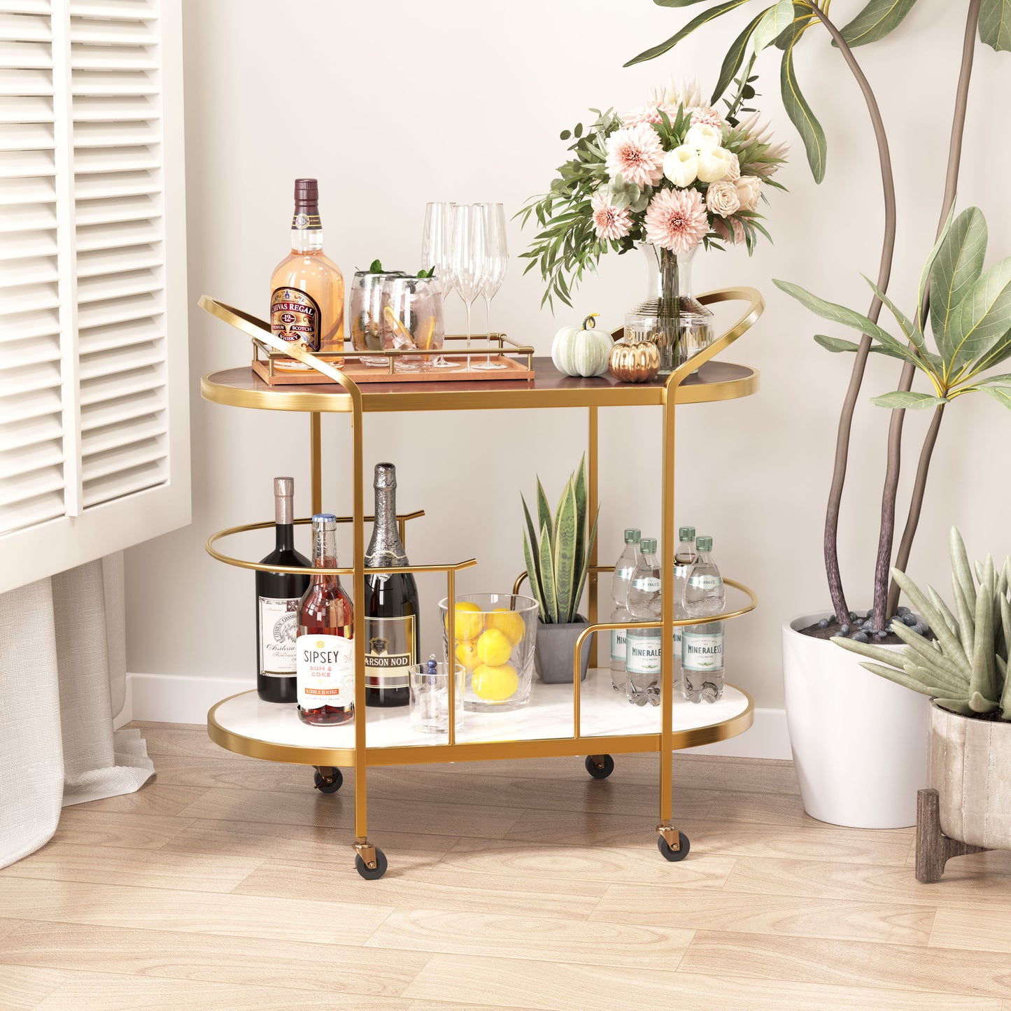 Antalya Modern Bar Cart with Wood, Marble, and Gold Accents
