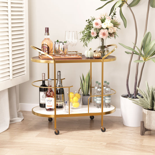 Antalya Modern Bar Cart with Wood, Marble, and Gold Accents