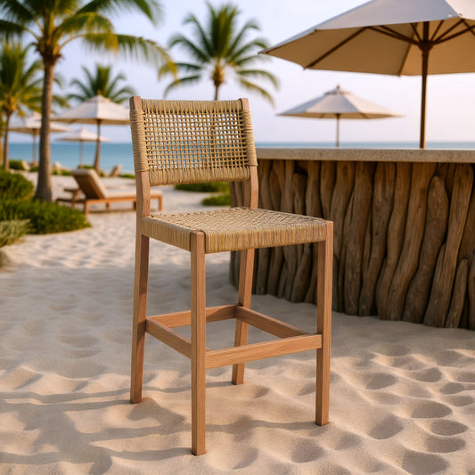 Corde Barstool in Beige with Natural Acacia Wood – Modern Counter Height Seating