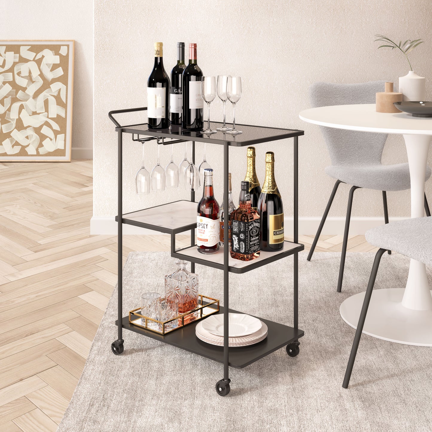 Constanza Black Bar Cart with Glass Shelves and Marble Accents