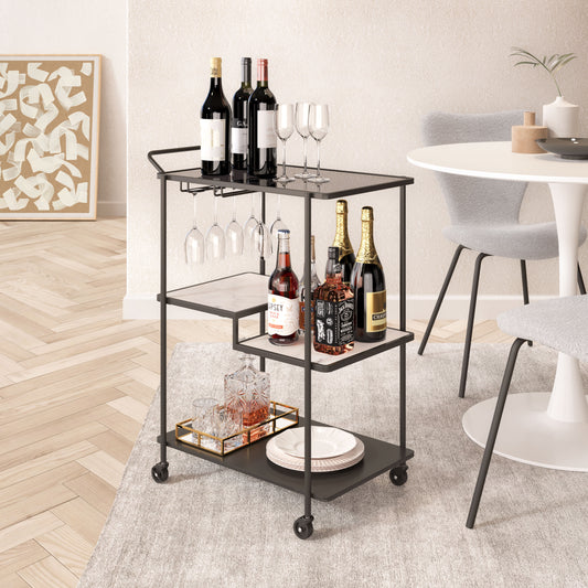 Constanza Black Bar Cart with Glass Shelves and Marble Accents