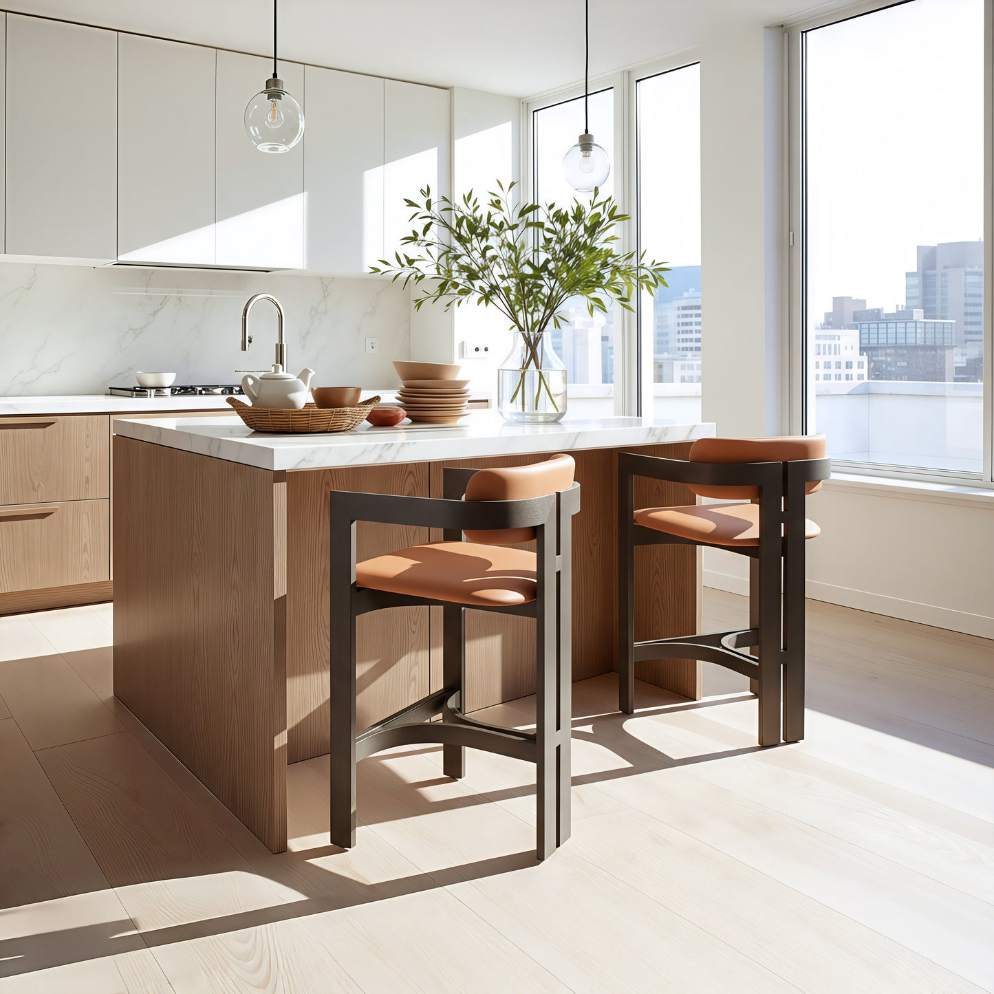 Shaili Counter Stool in Brown Faux Leather with Black Legs – Modern Kitchen & Bar Seating