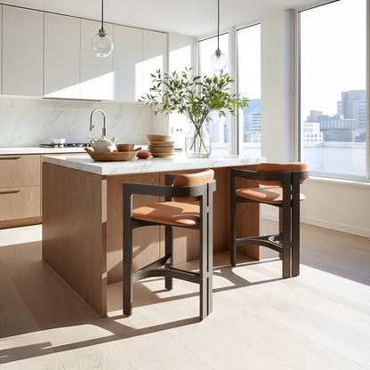 Shaili Counter Stool in Brown Faux Leather with Black Legs – Modern Kitchen & Bar Seating