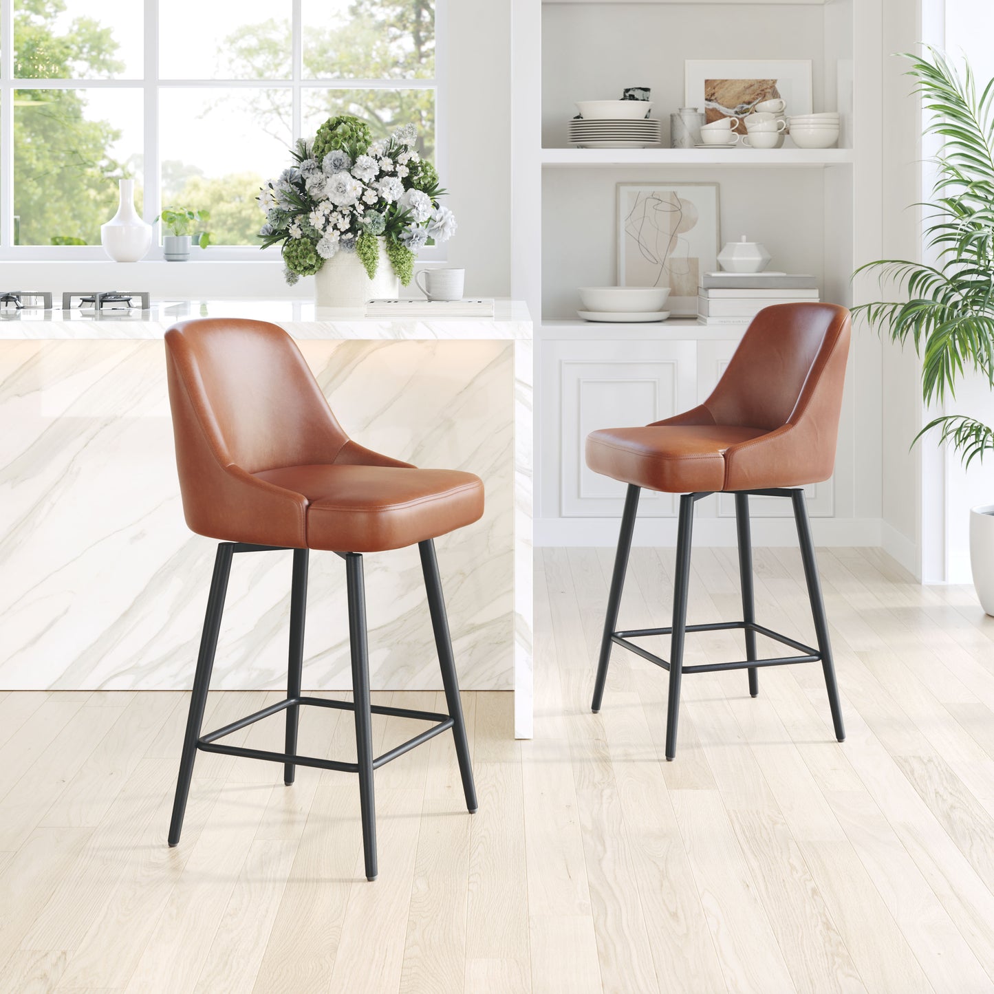 Keppel Swivel Counter Stool in Brown – Modern Faux Leather Bar Chair