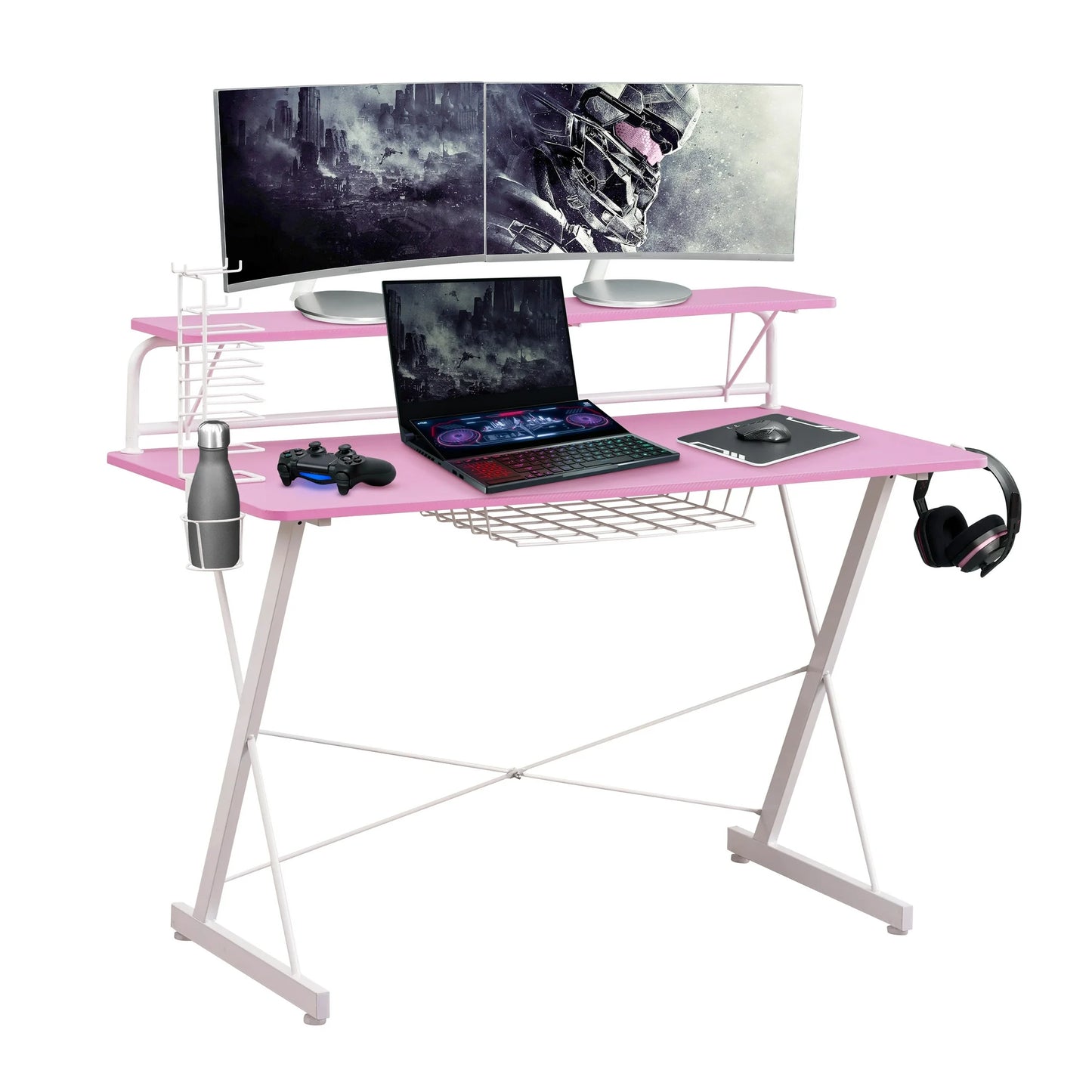 Techni Sport TS-200 Carbon 47" Computer Gaming Desk with Shelving, Pink/ White RTA-TS200-PNK