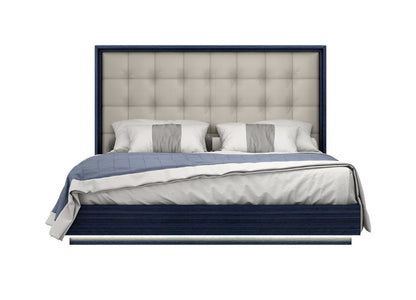 Alexander King Bed in High Gloss Saphire Blue, Tufted Beige Fabric & LED by Whiteline Modern Living