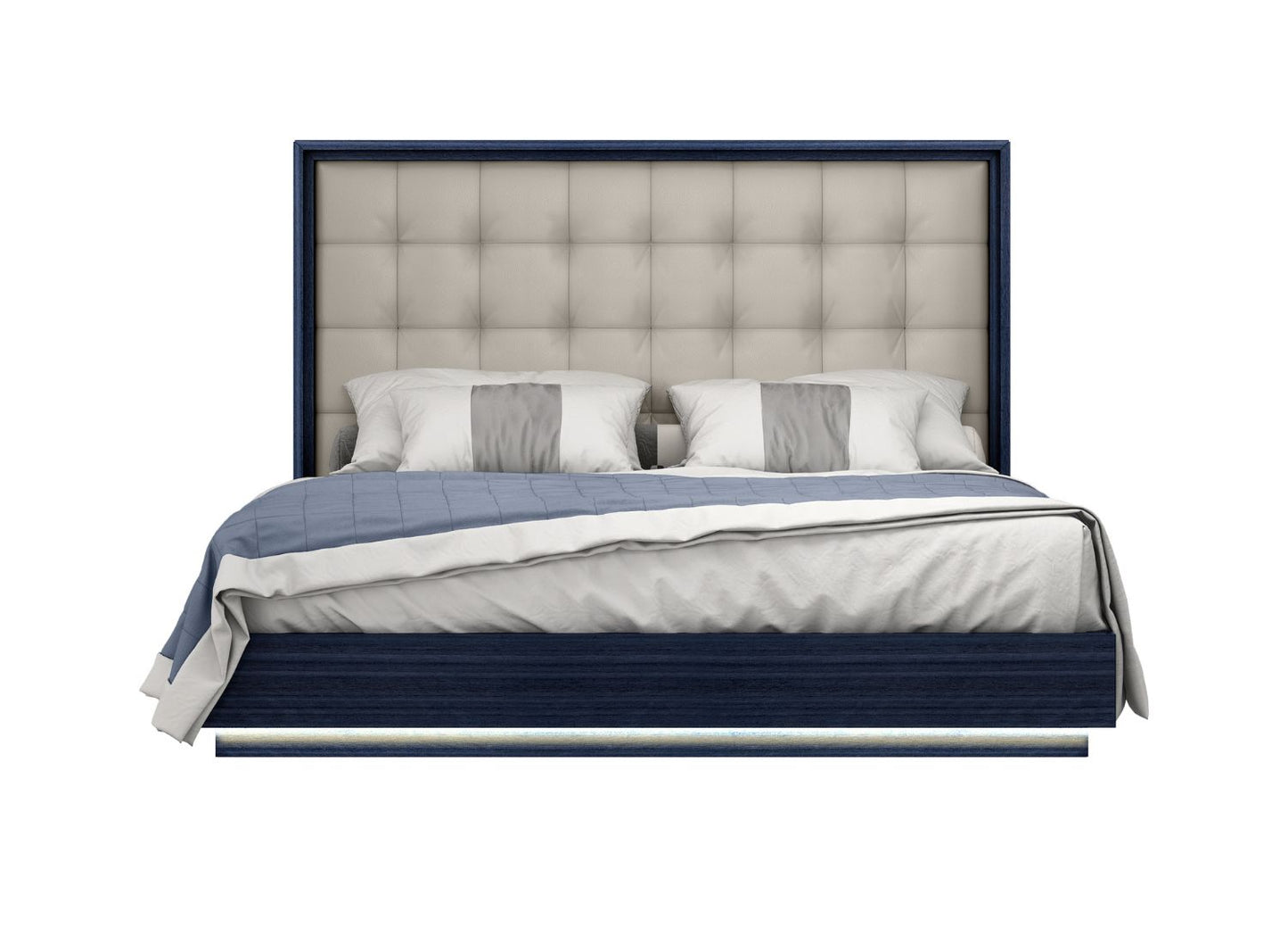 Alexander Queen Bed w/ LED in High Gloss Saphire Blue & Tufted Light Grey Leatherette by Whiteline Modern Living