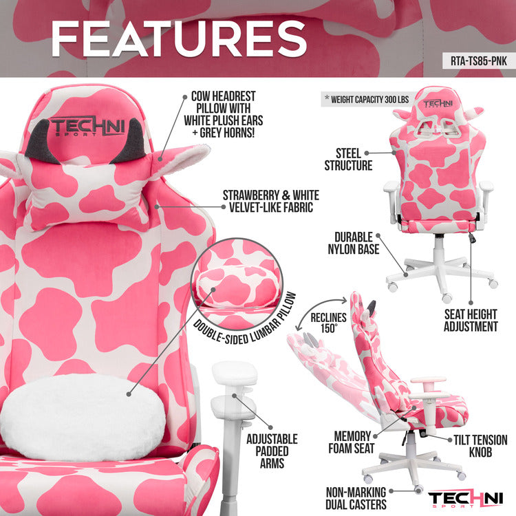 TS85 Lavender COW Series Gaming Chair, Pink