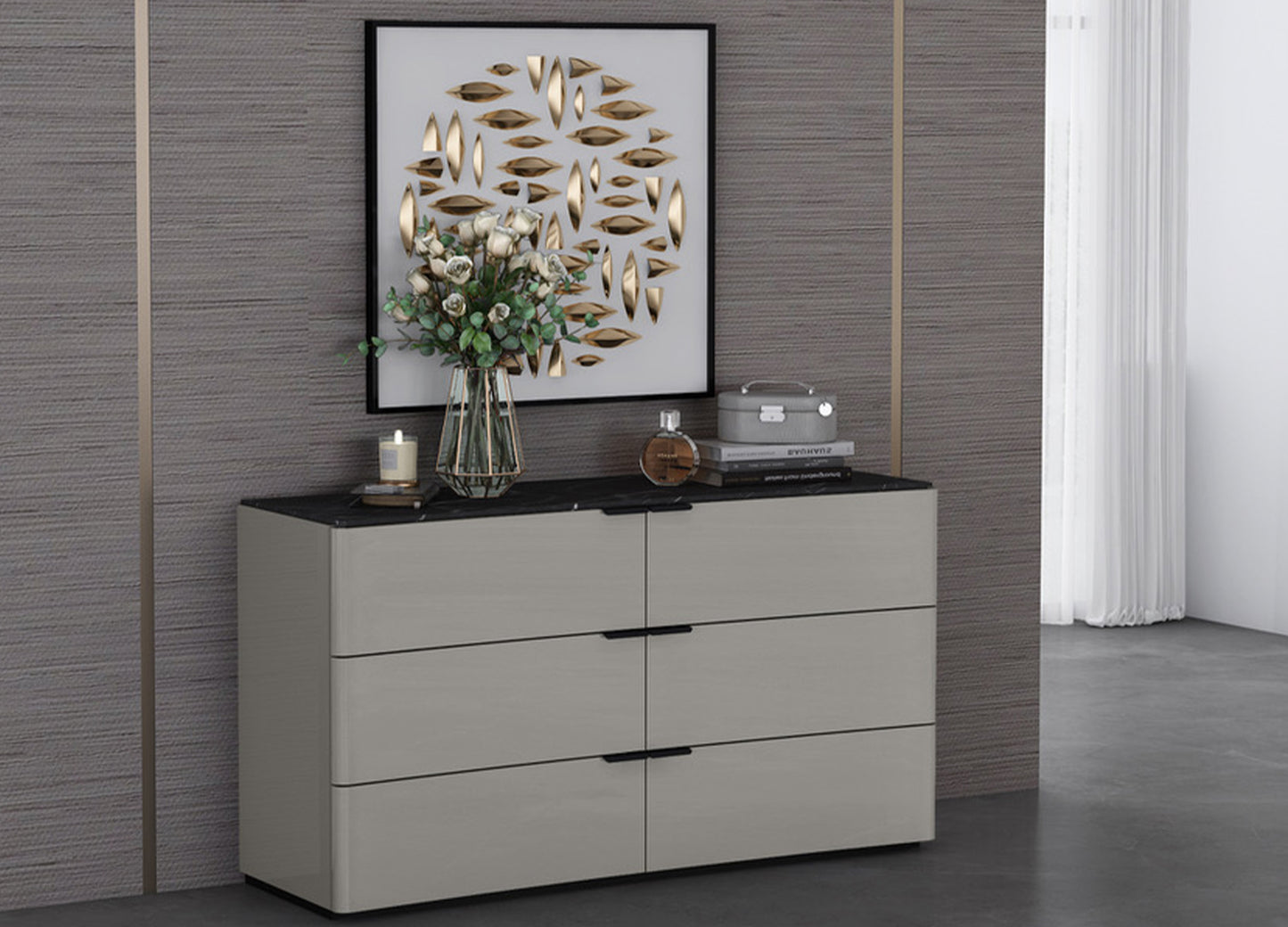 Massimo 6 Drawer Dresser in Light Grey w/ Black & White Marble Texture Lacquer by Whiteline Modern Living