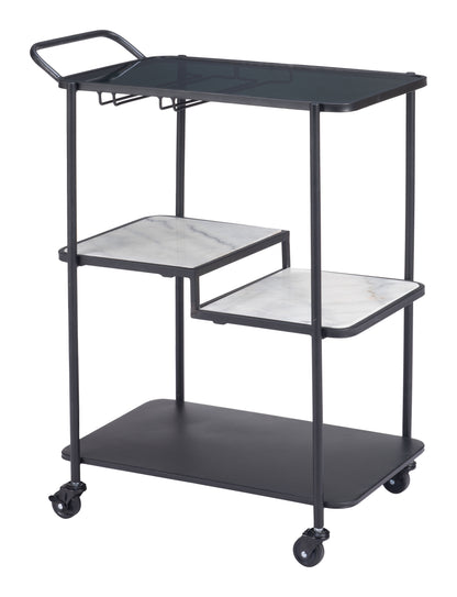 Constanza Black Bar Cart with Glass Shelves and Marble Accents