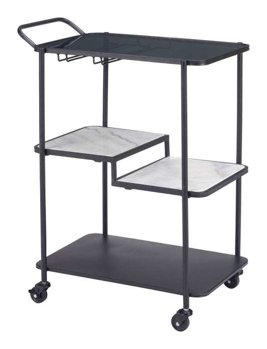 Constanza Black Bar Cart with Glass Shelves and Marble Accents