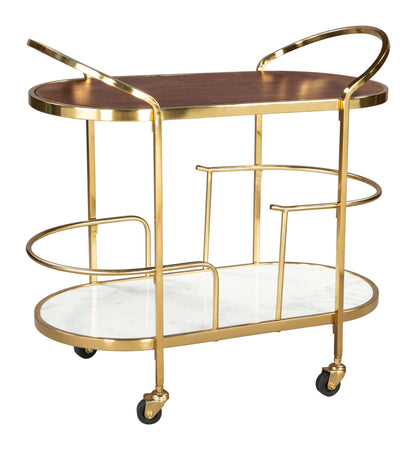 Antalya Modern Bar Cart with Wood, Marble, and Gold Accents
