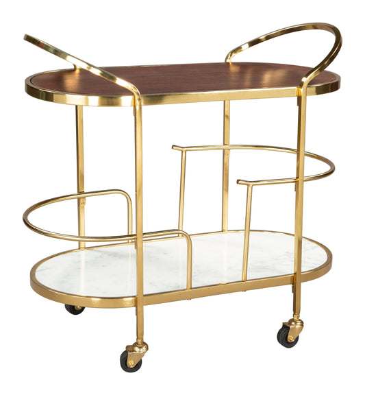 Antalya Modern Bar Cart with Wood, Marble, and Gold Accents