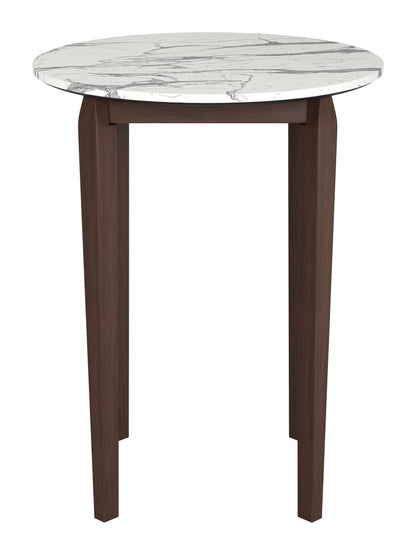 Vernon White Marble-Look Bar Table with Walnut Wood Base – Modern High-Top